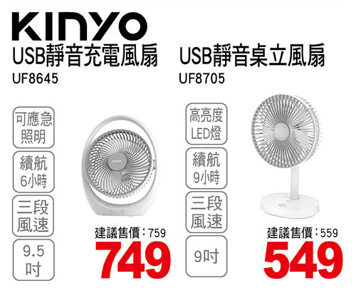 KINYO USB靜音充電風扇/USB靜音桌立風扇