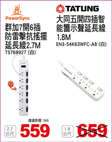群加7開6插防雷擊抗搖擺延長線(白)/大同 一開四插智能警示聲氮化鎵延長線1.8M