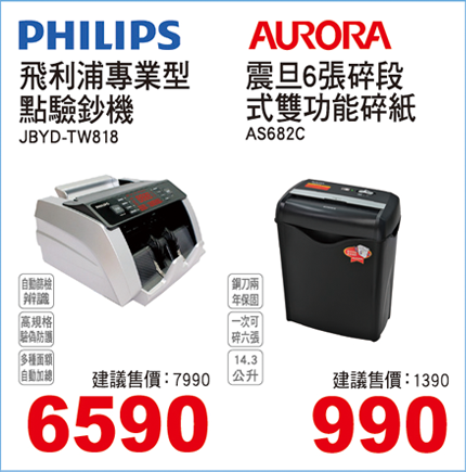 飛利浦專業型點驗鈔機/AURORA震旦6張碎段式雙功能碎紙機