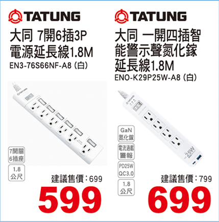 大同 7開6插3P電源延長線1.8M/大同 一開四插智能警示聲氮化鎵延長線1.8M