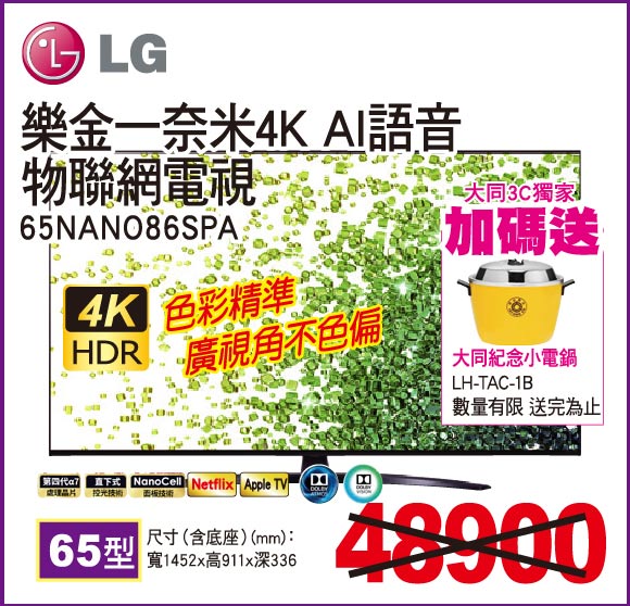樂金一奈米4KAI語音物聯網電視65型