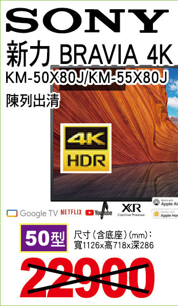 新力BRAVIA4KGoogleTV顯示器50型