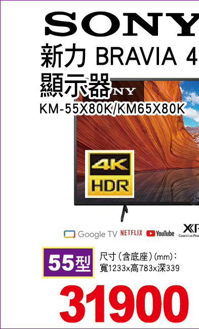 新力BRAVIA4KGoogleTV顯示器55型