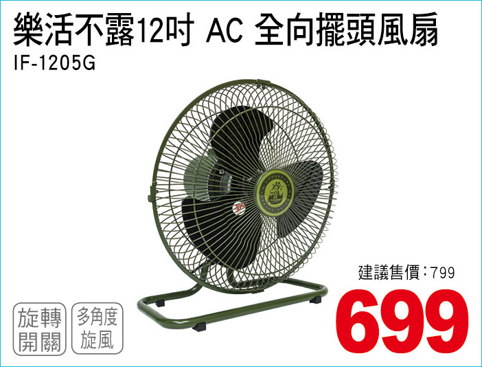 樂活不露12吋AC全向擺頭風扇