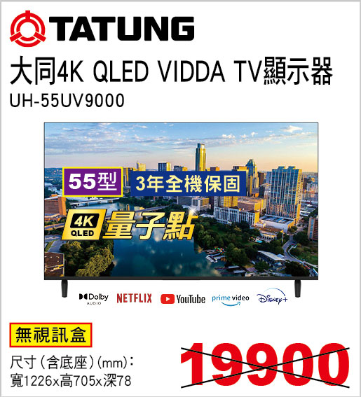 大同55型4K QLED VIDDA TV顯示器(無視訊盒)