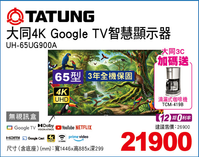 大同65型4K Google TV顯示器(無視訊盒)